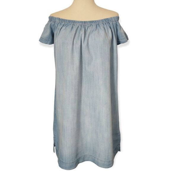 Cloth & Stone Chambray Dress Shift Mini Off Shoulder Light Wash XS Tencel Tunic - Picture 5 of 16